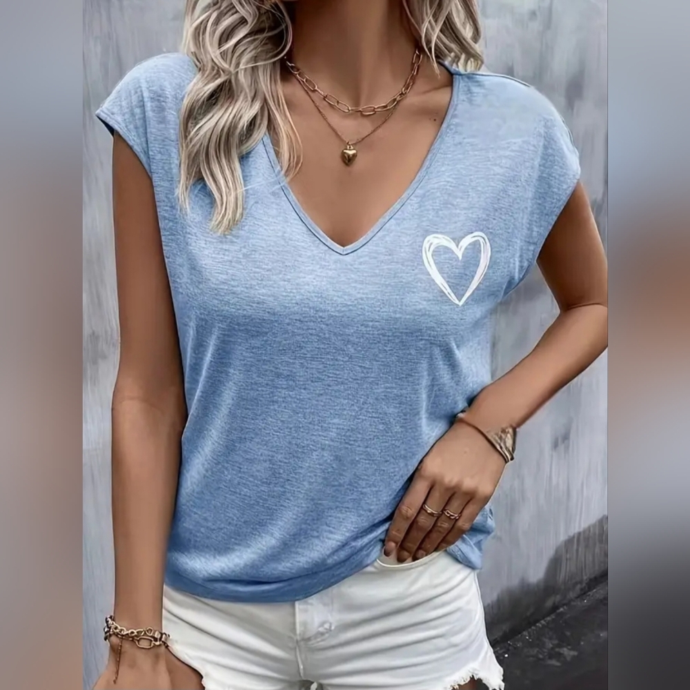 Heart Print V Neck T-shirt, Casual Cap Sleeve Top - Picture 5 of 5